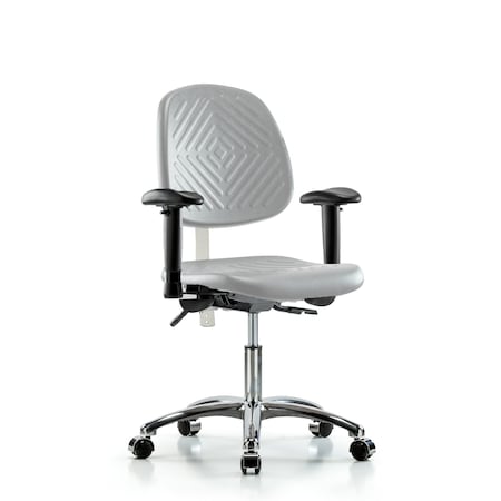 Blue Ridge Ergonomics CL100CleanRoom Chair-Desk Height with Medium Back, Seat Tilt, Adj Arms, & Casters in Gray Poly NCR-PDHCH-MB-CR-T1-A1-CC-GRY