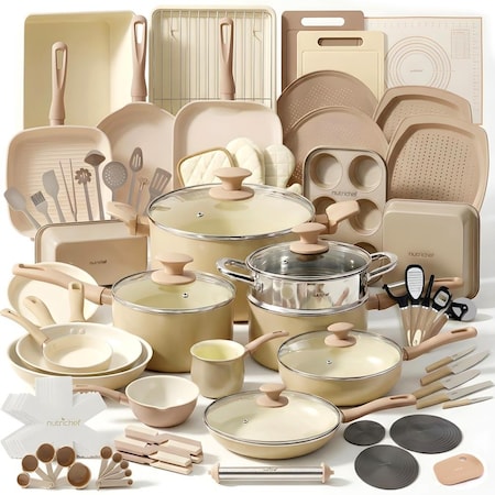 Nutrichef 75-Piece Non-Stick Pots and Pans Set, Complete Ceramic Cookware Set with Bakeware, Utensils, Knife NCCW75TBR
