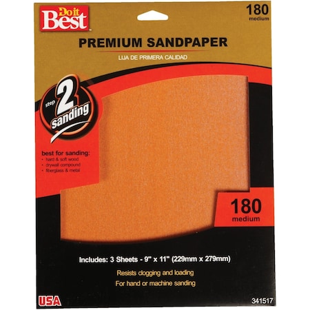 Do It Best Premium Plus 9''x11'' 180 Grit Medium Sandpaper, 3PK 7265004