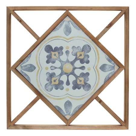 Homeroots Set of Two White Blue And Brown Floral Wood and Metal Square Framed Art, 2PK 516365