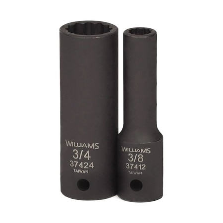 Williams 1/2" Drive Impact Socket Black Industrial, Deep 1/2" D, 3/8 12Pt JHW37412
