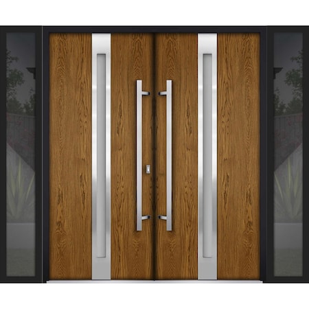 Vdomdoors Metal Double Doors Deux 1744 Natural Oak Frosted Glass 2 Sidelights Entry Modern Painted 104x80 (W1 DEUX1744DEXD-OAKB-W16+72+16xH80-LH-O