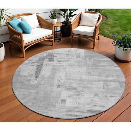 Homeroots 8' Gray And Off White Round Abstract Washable Indoor Outdoor Area Rug 609198