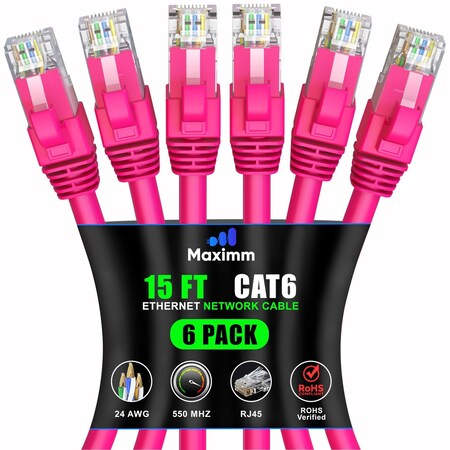Maximm Cat6 Ethernet Cable 15ft 10Gbps 550MHz UTP, 6PK, Pink, 6PK CAT6CCA-15PN-6PK