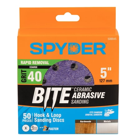 Spyder 5-Inch x 8-Hole 40 Grit Ceramic with Stearate Sanding Discs, 50PK 500045