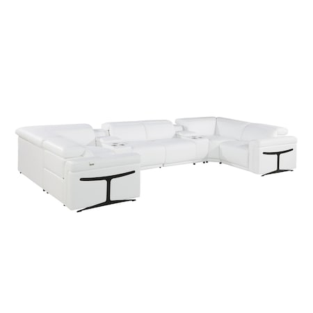 Homeroots White Italian Leather Power Reclining U Shaped Eight Piece Corner Sectional With Console 634663