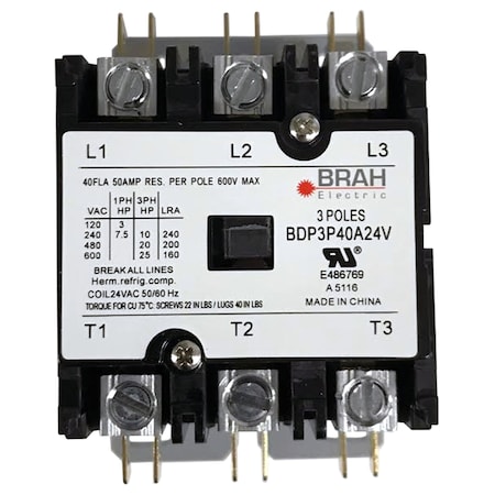 Brah Electric Definite Purpose Contactor, 480 V, 3 P, Non-Reversing, 3 Phase, Box Lug BDP3P40A480V