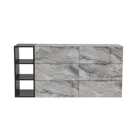 Homeroots 63" Grey Faux Marble and Black Wood Six Drawer Double Dresser 473112