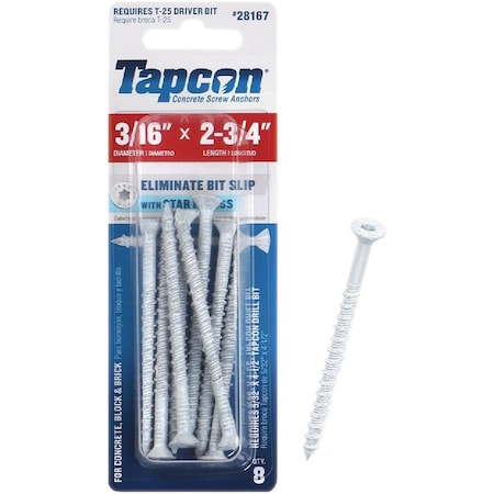 Tapcon 3/16'' x 2-3/4'' Star Drive Flat Head White Concrete Screw Anchors, 8 Ct. 28167