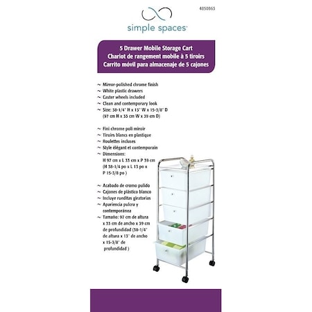 Simple Spaces Storage Cart, 13 in OAW, 38-1/4 in OAH, 15-3/8 in OAL, 5-Shelf, White Shelf G005-CH