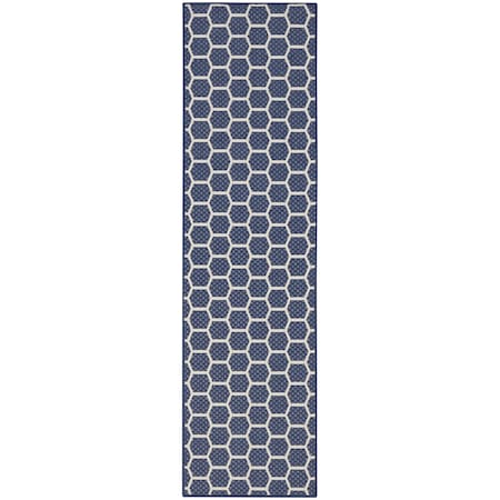 Homeroots 8' Navy Blue And Ivory Geometric Indoor Outdoor Runner Rug 564054