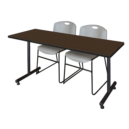 Regency Kobe T-Base Training Seminar Table W/ 2 Zeng Stack Chairs, 72 in W, 24 in L, Neo Walnut MKTRCT7224NW44GY