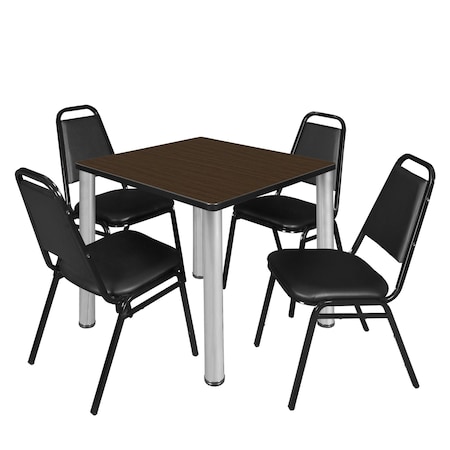 Regency Square Kee Breakroom Table W/ 4 Restaurant Stack Chairs, 30 in W, 30 in L, Neo Walnut TB3030NWBPCM29BK