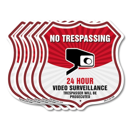 Signmission No Trespassing Shield Sign 24 Hour Video, 12 inch X 12 inch, Aluminum Metal Sign, 5PK SHI-A-5Pack-12-420