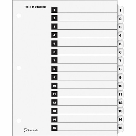 Cardinal Brands Cardinal OneStep Printable T.O.C. Divider, Printed 1, 15, 9"x11", 15 Tabs, White/White 61513CB