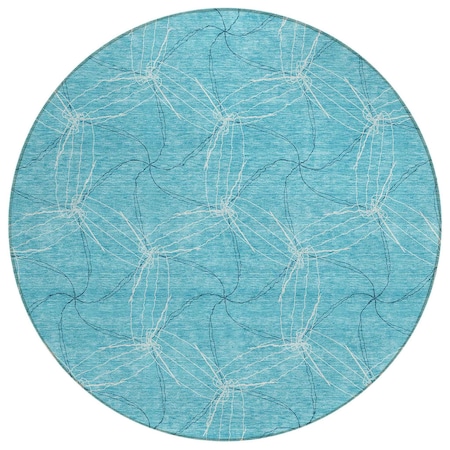Homeroots 8' Aqua And Ivory Round Geometric Washable Indoor Outdoor Area Rug 614049