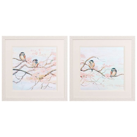Homeroots Set Of Two Spring Branch Birds Distressed White Framed Wall Art, 2PK 649300