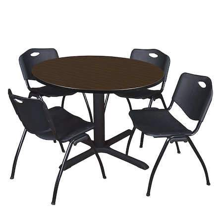 Regency Round Cain Breakroom Table W/ 4 M Stack Chairs, 48 in W, 48 in L, Neo Walnut TB48RNDNW47BK