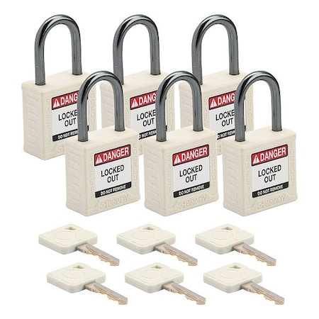 Brady Lockout Padlock, Keyed Alike, Nylon, White, 1 in Shackle Height, 1 3/16 in Body Width, 6 PK CPPL-WHT-25AL-KA6