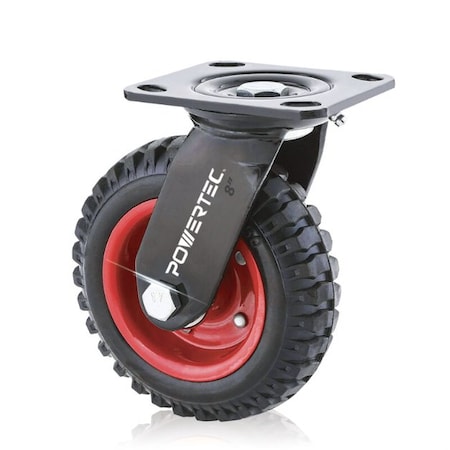 Powertec 8'' Caster Wheels, Heavy Duty Swivel Plate Casters with Rubber Knobby Tread 17051N