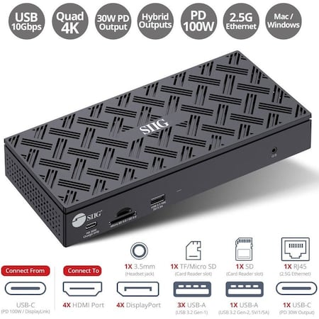 Siig AC JU-DK0Q11-S1 USB-C Quad Hybrid 4K Video Docking Station w PD Brown Box JU-DK0Q11-S1