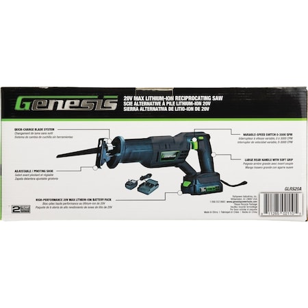 Genesis 20V Cordless Reciprocating Saw Kit with 2.0 Ah Battery & Charger GLRS20B