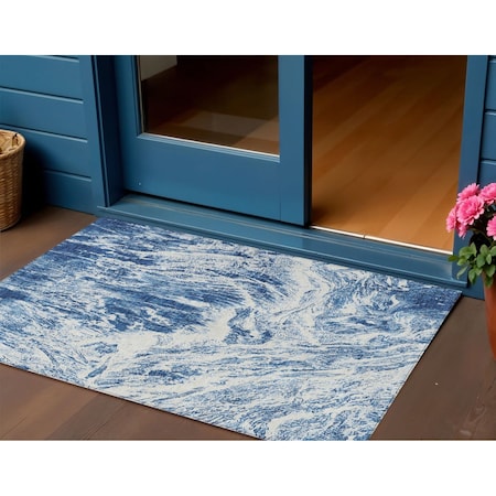Homeroots 3' X 5' Navy Blue And Ivory Abstract Washable Indoor Outdoor Area Rug 614293