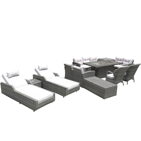 Homeroots Twelve Piece Outdoor Gray Wicker Multiple Chairs Seating Group Fire Pit Included with White Cushions 479112