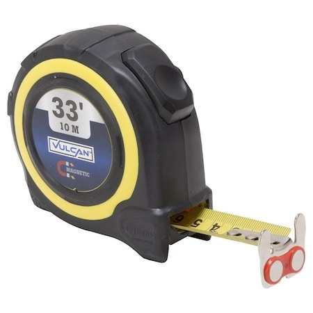 Vulcan Tape Measure, 33 ft L Blade, 1 in W Blade, Steel Blade, ABS Plastic Case, Yellow Case 58-10X25-A