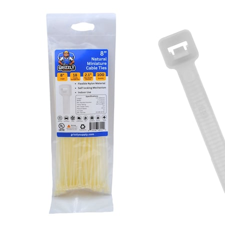 Grizzly Supply Cable Tie, 8 in L, 18 lb Strength, 2.2 in Max Bundle Dia, Nylon 6/6, Natural, 100PK GS-M8-18-9C