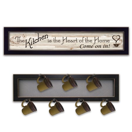 Homeroots Set Of Two Heart Of The Home Black Framed Kitchen Wall Art With Seven Peg Mug Rack, 2PK 415782