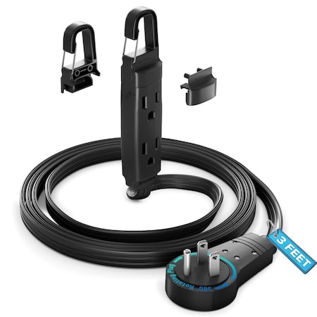 Maximm 3ft 16AWG 360 degrees Flat Plug Extension Cord w/ Removable Hook, UL, Black ADW-360-C103-BH