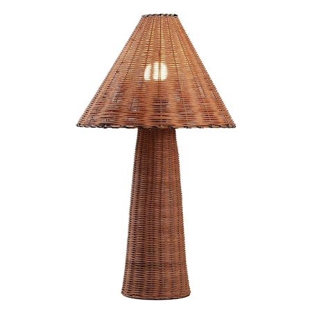 Jonathan Y Kara 26.5" Modern Coastal Woven Rattan Tapered Cylinder LED Table Lamp, Dark Brown JYL5705A