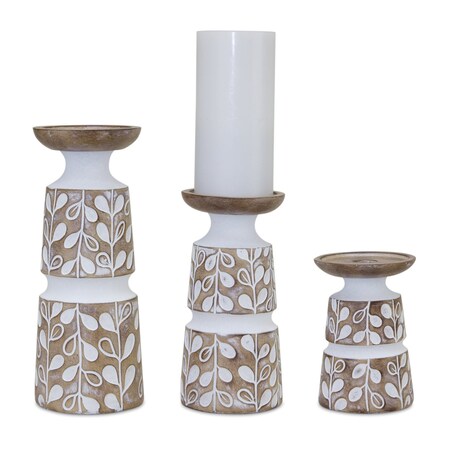 Homeroots Set of Three Brown And White Botanical Leaf Stone Powder Tabletop Pillar Candle Holders, 3PK 517626