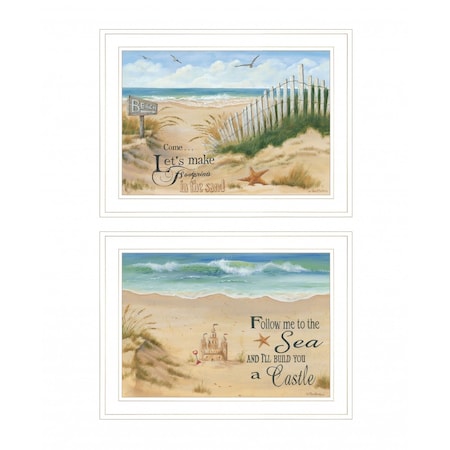 Homeroots Set Of Two Sand Castle and Footprints 2 White Framed Print Wall Art, 2PK 407925