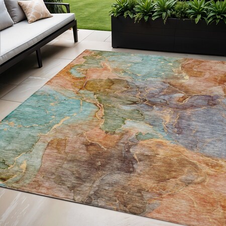 Homeroots 5' X 8' Copper Orange And Teal Blue Abstract Washable Indoor Outdoor Area Rug 581762