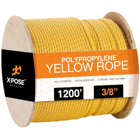 Xpose Safety 1200 ft Twisted Poly Rope, 3/8, Yellow Floating Poly Pro Cord YPR38-1200-X