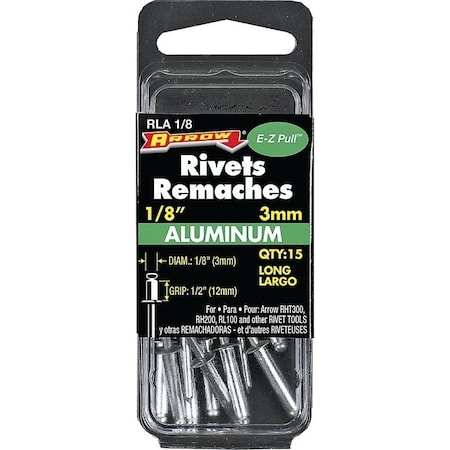 Arrow Lock Pop Rivet, Long, 1/2 in L, Aluminum, 15PK RLA1/8