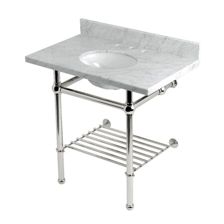 Kingston Brass 36-Inch Carrara Marble Console Sink with Brass Legs and Shelf, 8-Inch, 3-Hole KVPB36MBB6