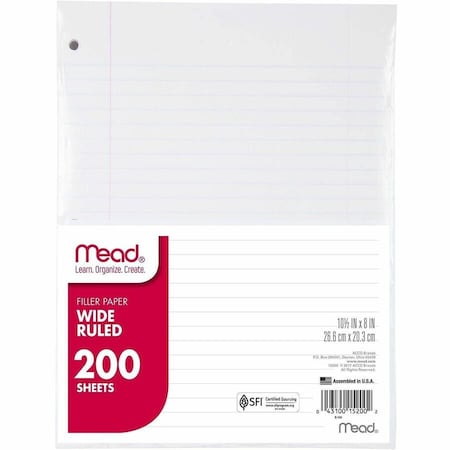 Mead Products Mead Filler Paper, 8" x 10-1/2", Wide Ruled, 3-Hole Punched, White, 200 Sheets/Pack 15200