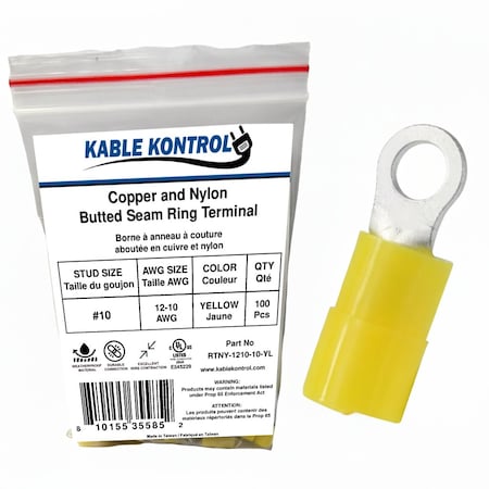 Kable Kontrol Copper and Nylon Butted Seam Ring Terminal, 12-10 AWG, Stud Size # 10, Yellow, 100 Pcs, 100PK RTNY-1210-10-YL