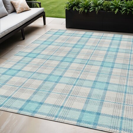 Homeroots 5' X 8' Aqua And Gray Plaid Washable Indoor Outdoor Area Rug 601315