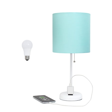 Homeroots 20" White Metal Table Lamp LED With Aqua Drum Shade 642888