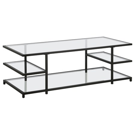 Homeroots 54" Black Glass And Steel Coffee Table With Three Shelves 522000