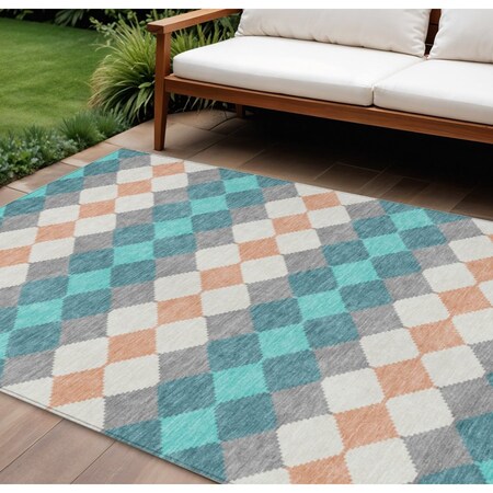 Homeroots 10' X 14' Teal Blue Gray And Copper Geometric Washable Indoor Outdoor Area Rug 597931