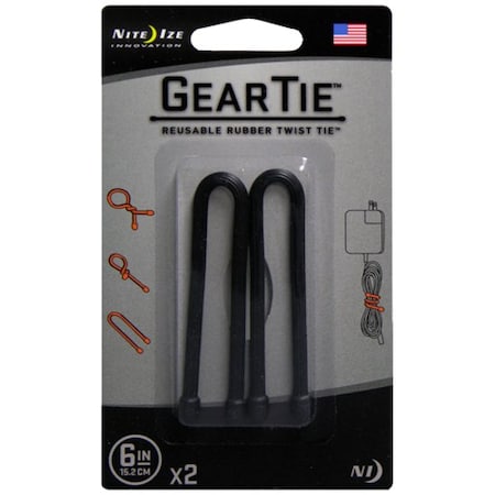 Nite Ize Gear Tie, 6 in L, Variable Max Bundle Dia., Black, Rubber, Wire, 2 PK GT6-2PK-01