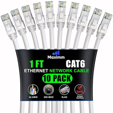Maximm Cat6 Ethernet Cable 1ft 10Gbps 550MHz UTP, 10PK, White, 10PK CAT6CCA-1WH-10PK