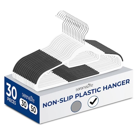 Serenelife Plastic Clothes Hangers, Hanger Set with Non-Slip Rubber Pads and 360 degrees Swivel Metal, 30PK SLHRBWH30