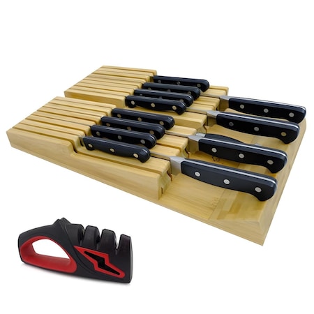 Wowmtn In-Drawer Bamboo Knife Block Organizer with Sharpener 48XH