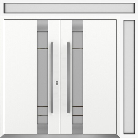 Vdomdoors Metal Double Doors Deux 1713 White Enamel Frosted Glass 1 Sidelight and Top Transom Entry Modern Pa DEUX1713DEXD-BEM-W72+14xH80+16-RH-I